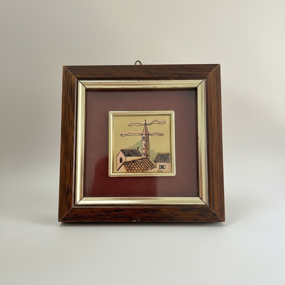 Charming miniature vintage art, looks like a European town, painted on gold foil